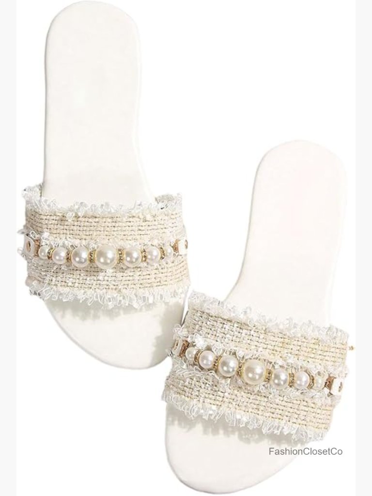 Women's Pearls Chain Flat Sandals Dressy Open Toe Slip On Flats